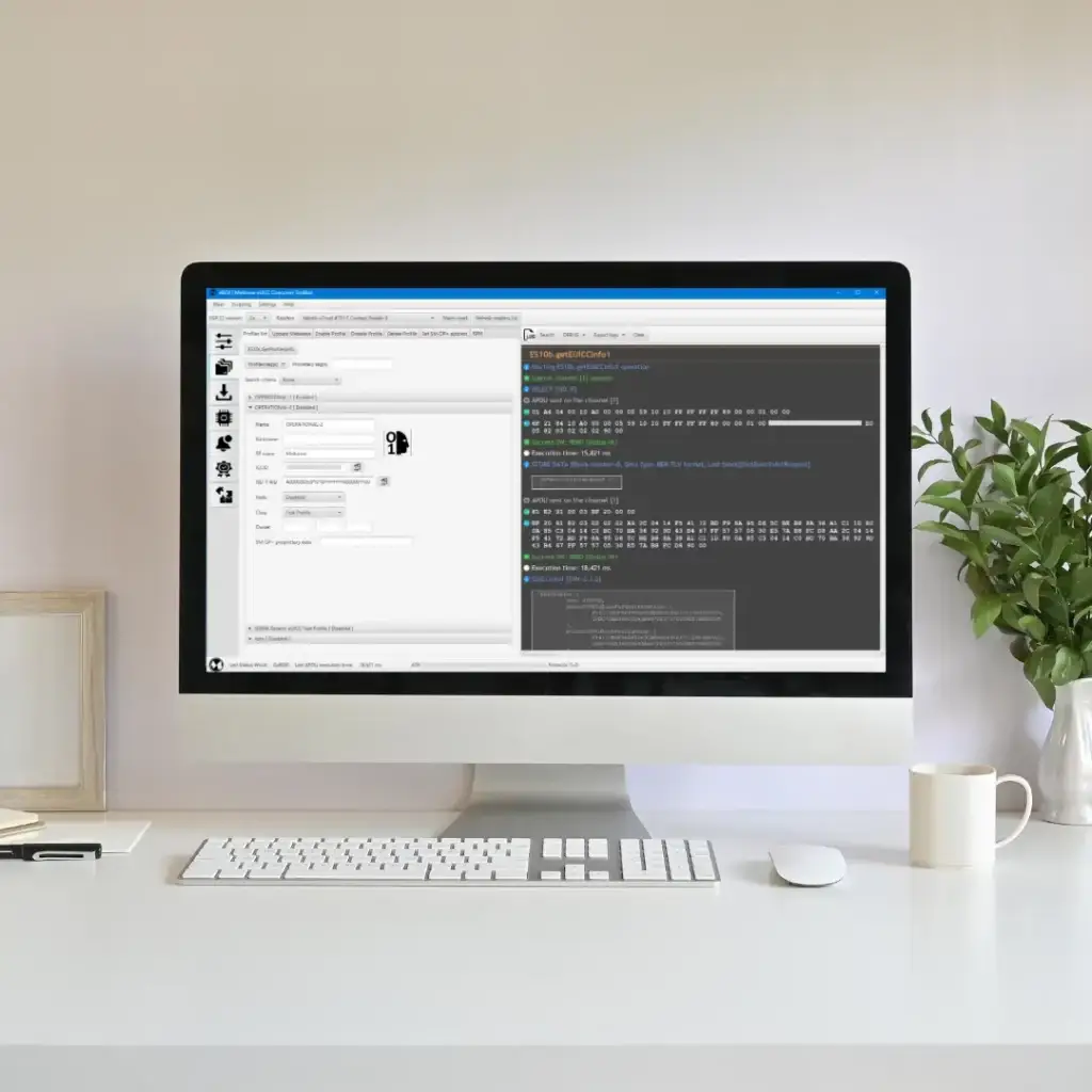 Desktop displaying Mellonne's eBOX platform for managing and testing consumer and IoT eSIMS