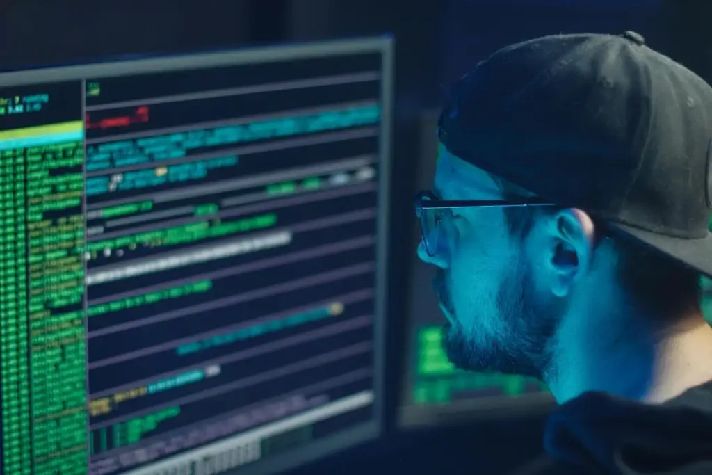 Person analyzing multiple data screens, representing Mellonne's automated testing solutions and effective test control.