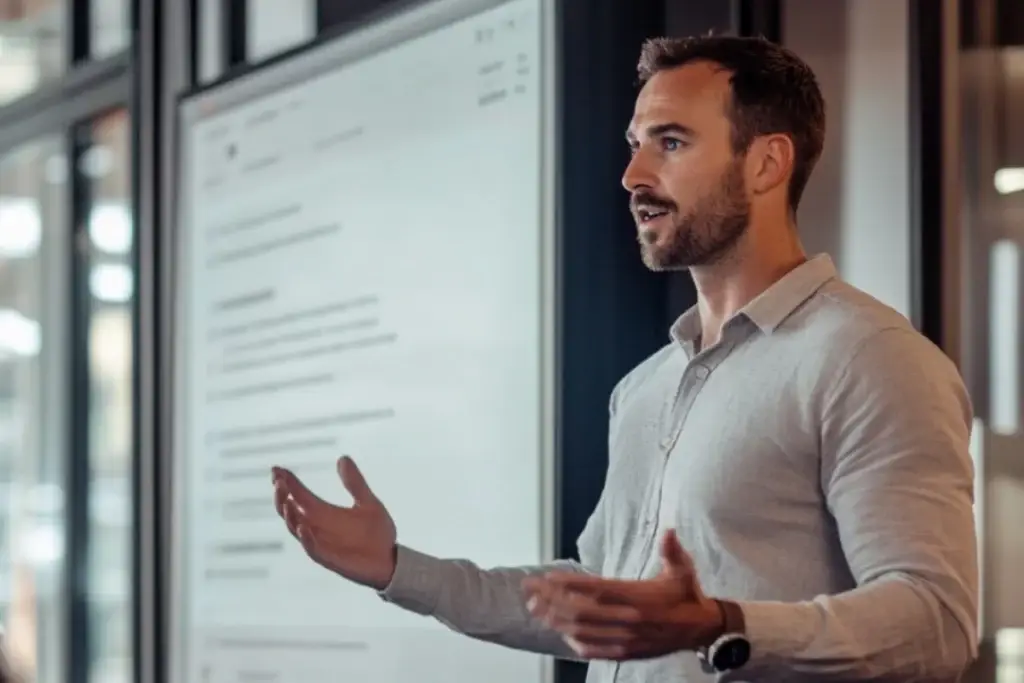 Professional presenting a proof of concept development strategy, representing Mellonne's expertise in developing innovative solutions and accelerating project implementation