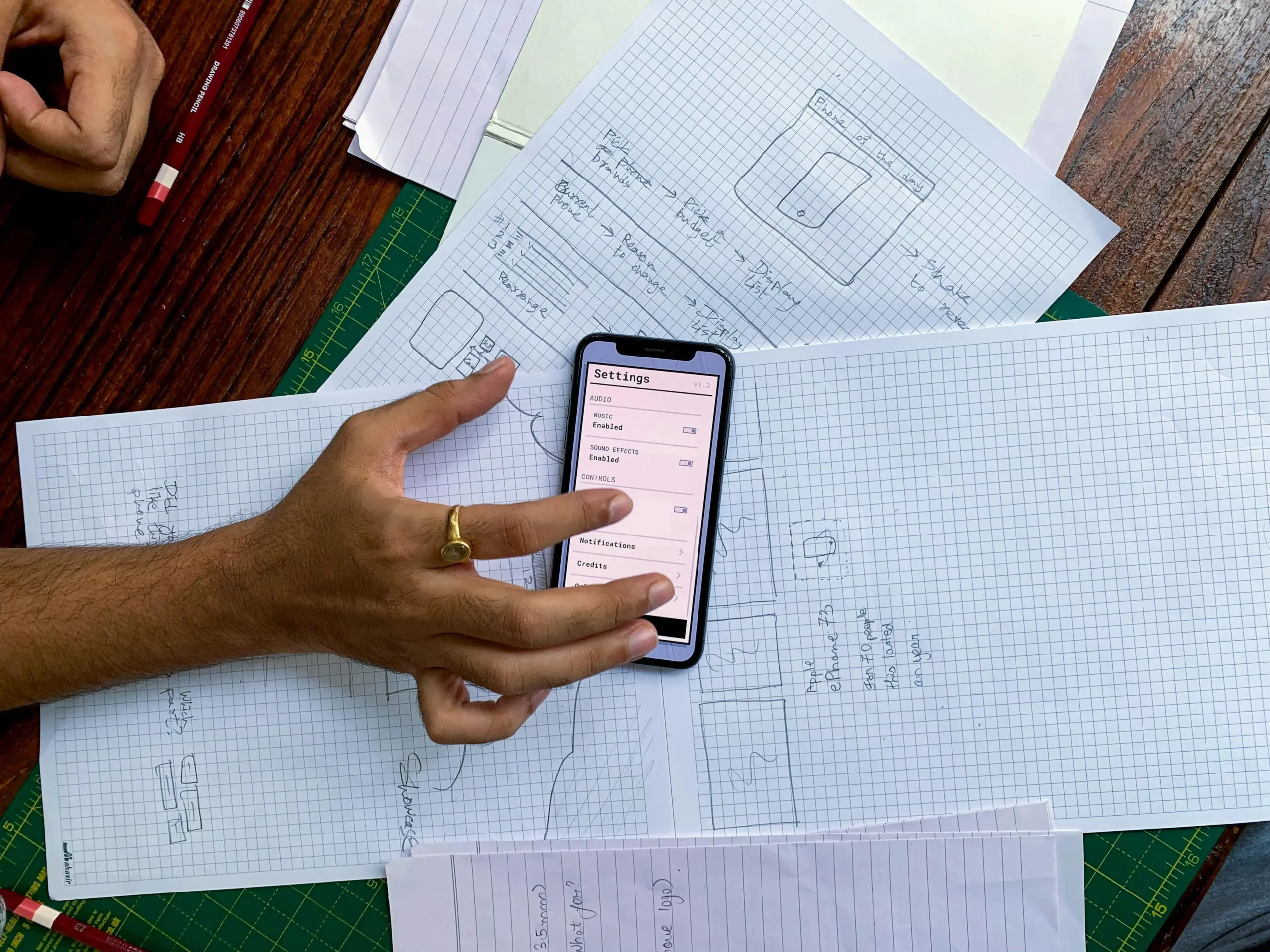 Phone and paper with some draws, it represent Mellonne's proof of concept services