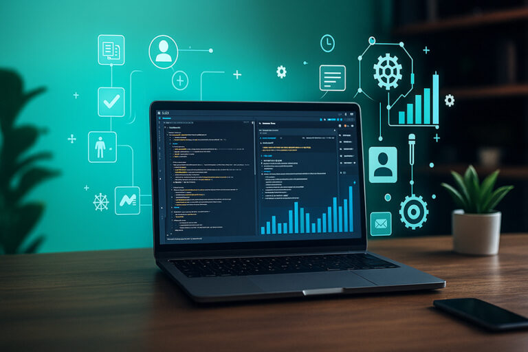 Laptop with code and analytics icons representing test automation and certification processes