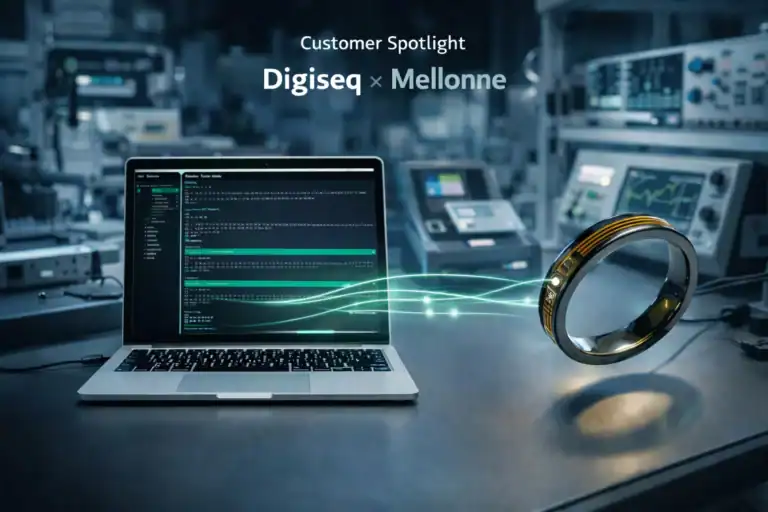Smart payment ring communicating wirelessly with Mellonne's Terminal Simulator software on a laptop, illustrating Digiseq's contactless payment testing workflow