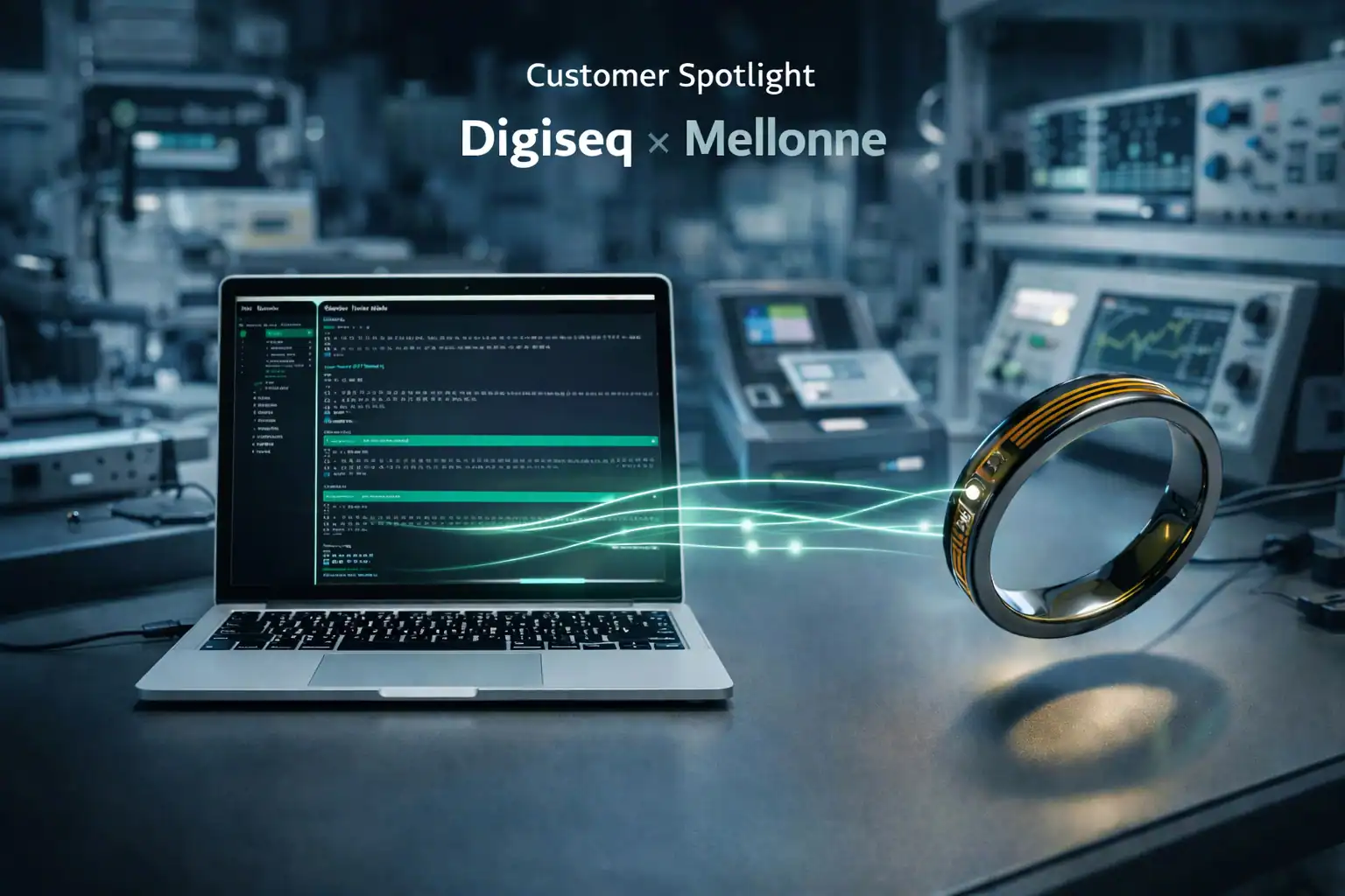 Smart payment ring communicating wirelessly with Mellonne's Terminal Simulator software on a laptop, illustrating Digiseq's contactless payment testing workflow