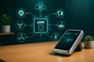 eSIM ecosystem connecting IoT, automotive, industrial and consumer devices to a payment terminal, illustrating Mellonne's eSIM testing scope