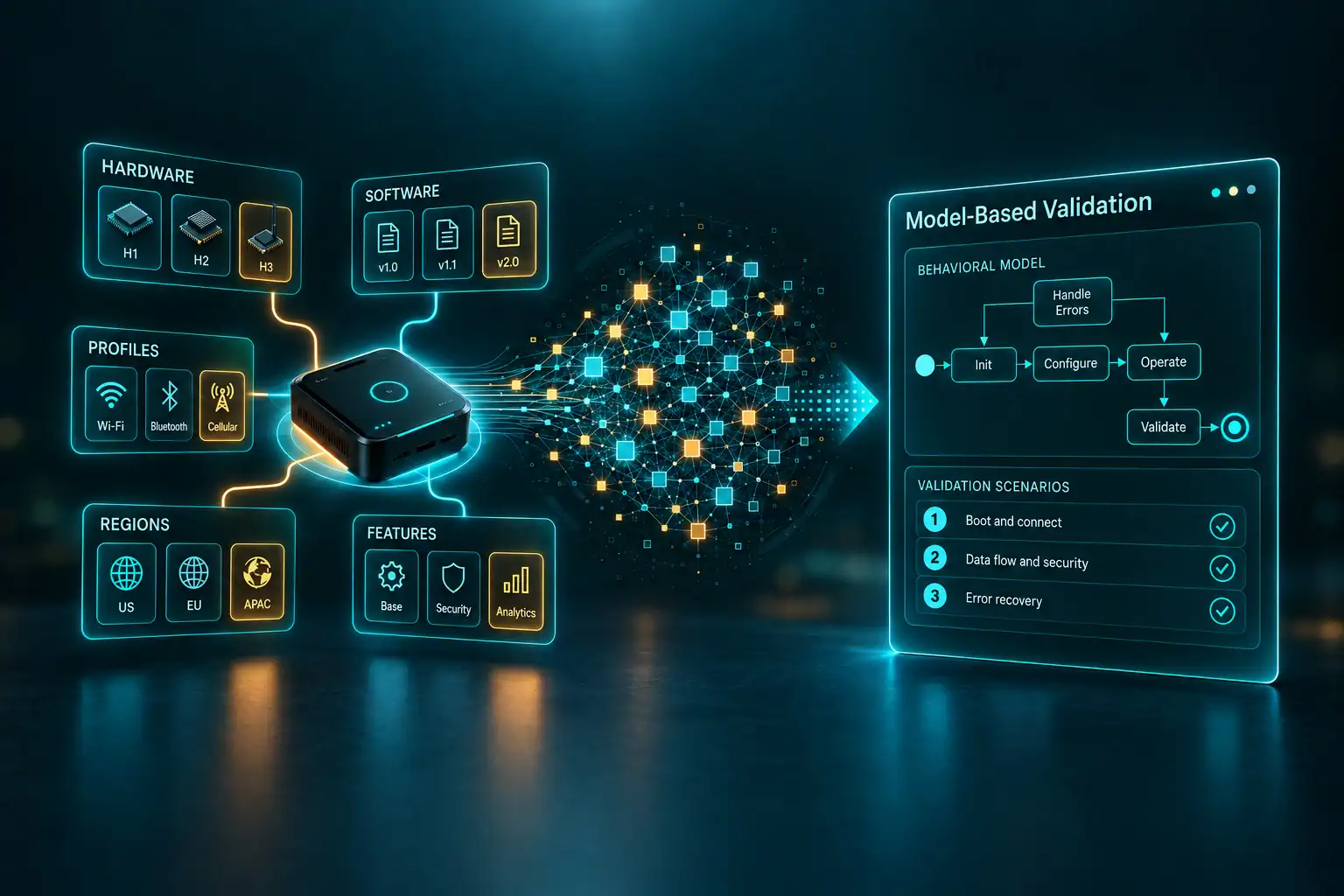 Diagram showing hardware, software, connectivity, regional and feature configurations converging into a single Model-Based Validation behavioral model